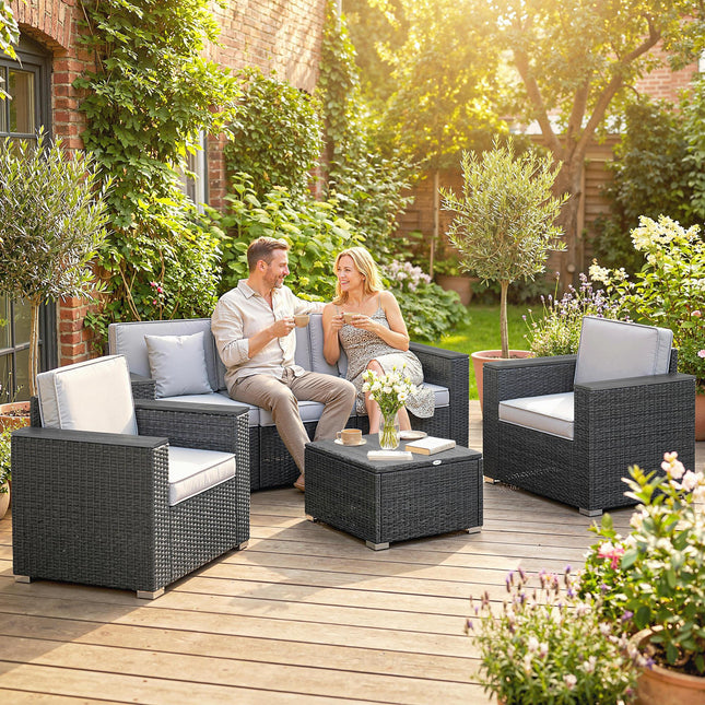 5 Seater Rattan Garden Furniture Set with Wide Armrests, Cushions, Pillows for Patio, Dark Grey
