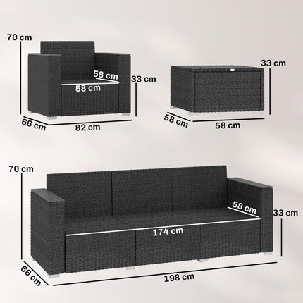 5 Seater Rattan Garden Furniture Set with Wide Armrests, Cushions, Pillows for Patio, Dark Grey