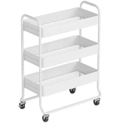3-Tier Storage Trolley on Wheels, Rolling Utility Cart with Mesh Backets for Kitchen, Bathroom, Bedroom, White