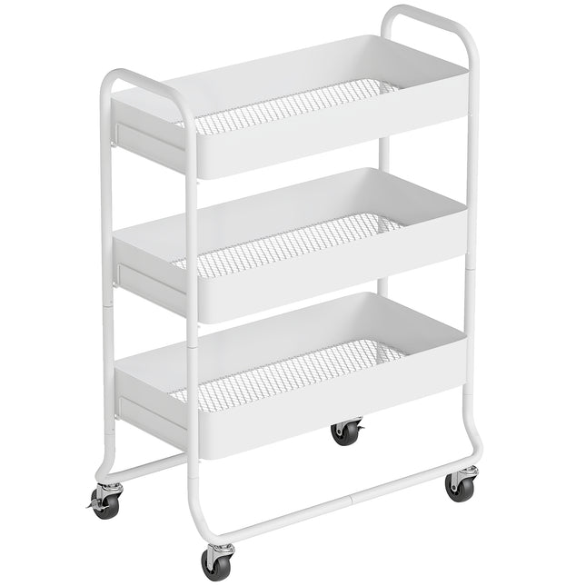 3-Tier Storage Trolley on Wheels, Rolling Utility Cart with Mesh Backets for Kitchen, Bathroom, Bedroom, White