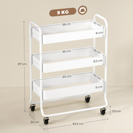 3-Tier Storage Trolley on Wheels, Rolling Utility Cart with Mesh Backets for Kitchen, Bathroom, Bedroom, White