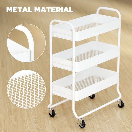 3-Tier Storage Trolley on Wheels, Rolling Utility Cart with Mesh Backets for Kitchen, Bathroom, Bedroom, White