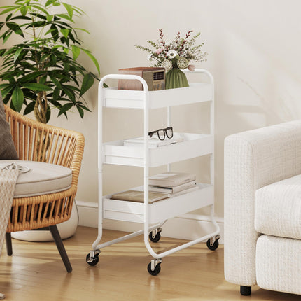 3-Tier Storage Trolley on Wheels, Rolling Utility Cart with Mesh Backets for Kitchen, Bathroom, Bedroom, White