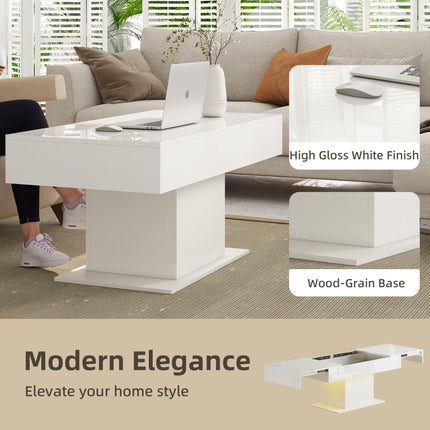 Extendable Coffee Table with LED Lights and Storage - High Gloss White