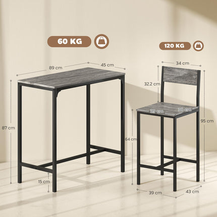 3-Piece Bar Table Set with 2 Stools, Industrial Breakfast Bar Set with Footrest, Backrest for Dining Room, Small Space