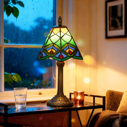 Tiffany-Style Table Lamp with Geometric Patterns, Handcrafted Antique Stained Glass Bedside Lamp for Living Room and Bedroom, E27 Socket, Green