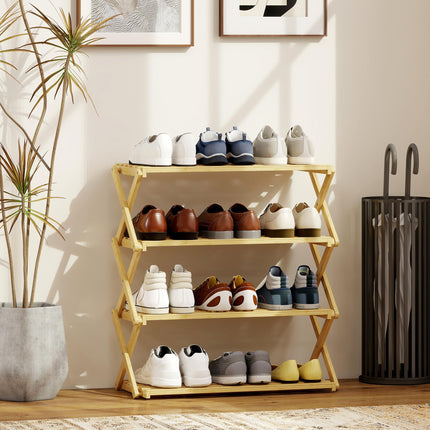 Four-Tier Folding Bamboo Shoe Rack - Natural Finish