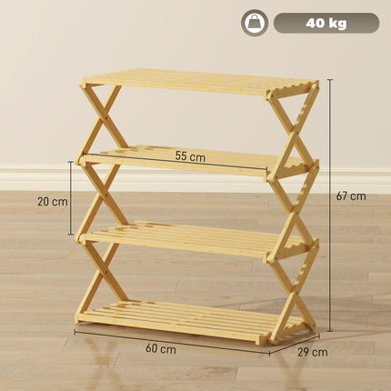 Four-Tier Folding Bamboo Shoe Rack - Natural Finish