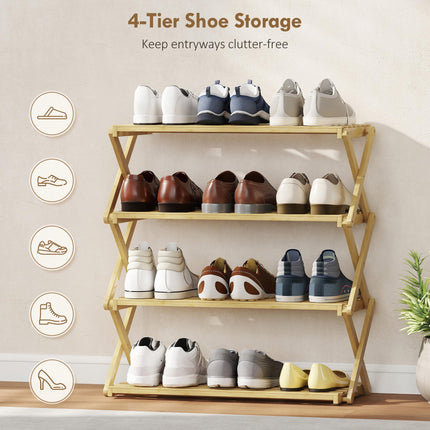 Four-Tier Folding Bamboo Shoe Rack - Natural Finish