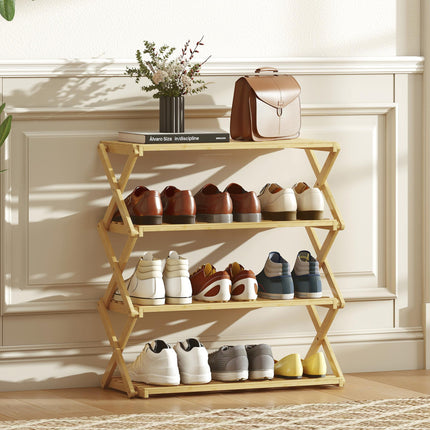 Four-Tier Folding Bamboo Shoe Rack - Natural Finish