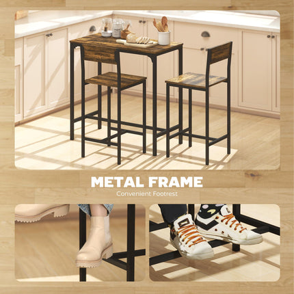 3-Piece Bar Table Set with 2 Stools, Industrial Breakfast Bar Set with Footrest,