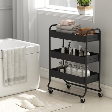 3-Tier Storage Trolley on Wheels, Rolling Utility Cart with Mesh Backets for Kitchen, Bathroom, Bedroom, Black
