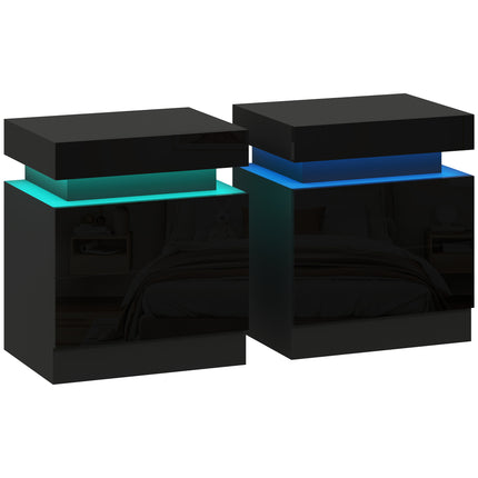 High Gloss Front Bedside Tables Set of 2, Nightstands with RGB LED Light and 2 Drawers, Chest of Drawers for Bedroom, Living Room, Black