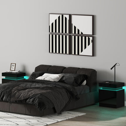 High Gloss Front Bedside Tables Set of 2, Nightstands with RGB LED Light and 2 Drawers, Chest of Drawers for Bedroom, Living Room, Black