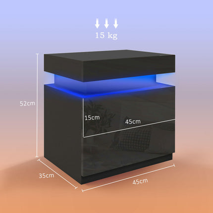 High Gloss Front Bedside Tables Set of 2, Nightstands with RGB LED Light and 2 Drawers, Chest of Drawers for Bedroom, Living Room, Black
