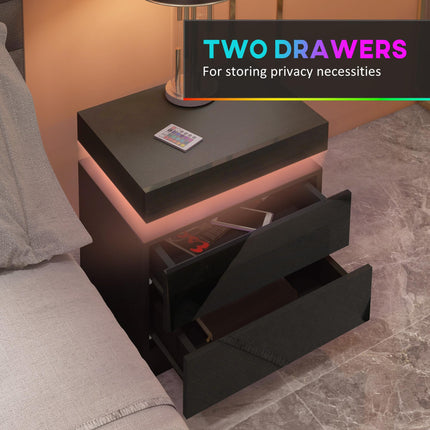 High Gloss Front Bedside Tables Set of 2, Nightstands with RGB LED Light and 2 Drawers, Chest of Drawers for Bedroom, Living Room, Black