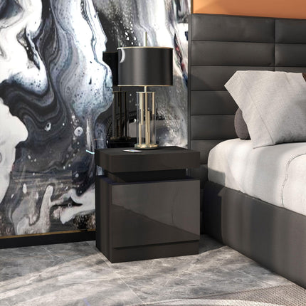 High Gloss Front Bedside Tables Set of 2, Nightstands with RGB LED Light and 2 Drawers, Chest of Drawers for Bedroom, Living Room, Black
