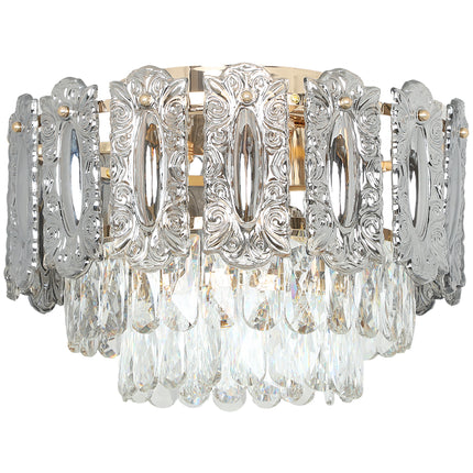 Chandelier Ceiling Light, 3-Light Flush Mount Fixture with Dual Crystal and Smoke Glass Shade, 40 cm LED Ceiling Light for Living Room Bedroom, 3 E14 Sockets, Bulbs Not Included, Gold Tone