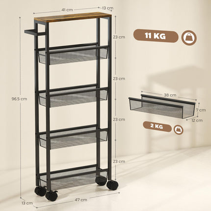 Slim Storage Trolley, 5-Tier Kitchen Cart on Wheels with Wood-effect Top, Handle for Living Room, Bathroom, Black