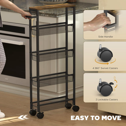 Slim Storage Trolley, 5-Tier Kitchen Cart on Wheels with Wood-effect Top, Handle for Living Room, Bathroom, Black