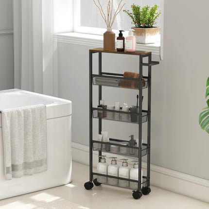 Slim Storage Trolley, 5-Tier Kitchen Cart on Wheels with Wood-effect Top, Handle for Living Room, Bathroom, Black