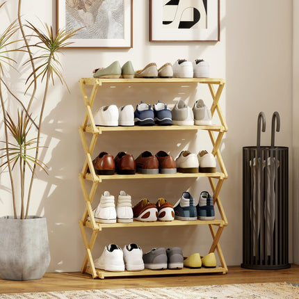 Five-Tier Folding Bamboo Shoe Rack - Natural Finish