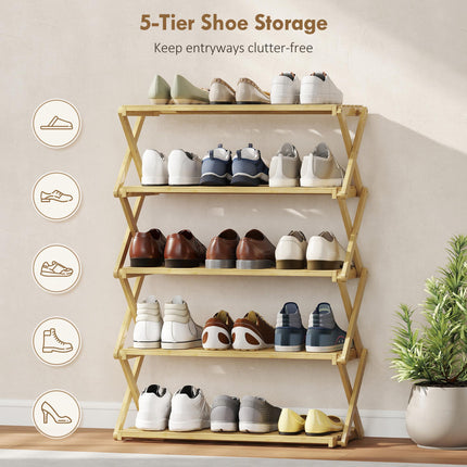 Five-Tier Folding Bamboo Shoe Rack - Natural Finish