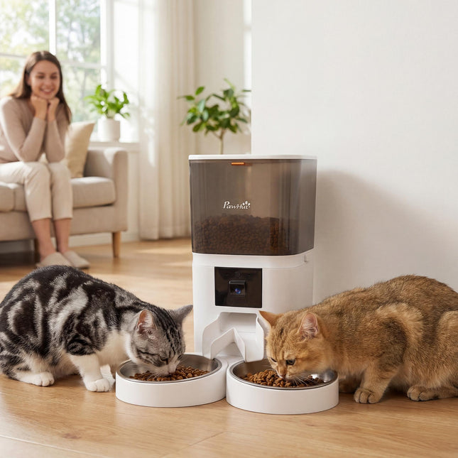 Automatic Cat Feeder for 2 Cats with HD Camera，2.4G & 5G WiFi Pet Food Dispenser 6L APP Control