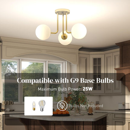 LED Ceiling Light with Globe Shades, Modern 3-Light Ceiling Light with G9 Sockets for Living Room, Bedroom, Dining Room, Bulbs Not Included, Gold Tone