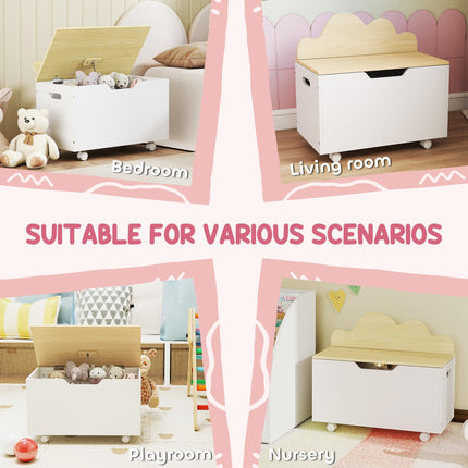 Toy Box with Lid, Toy Chest with Wheels and Safety Hinges, Toddler Storage Organiser for Playroom, Bedroom, White