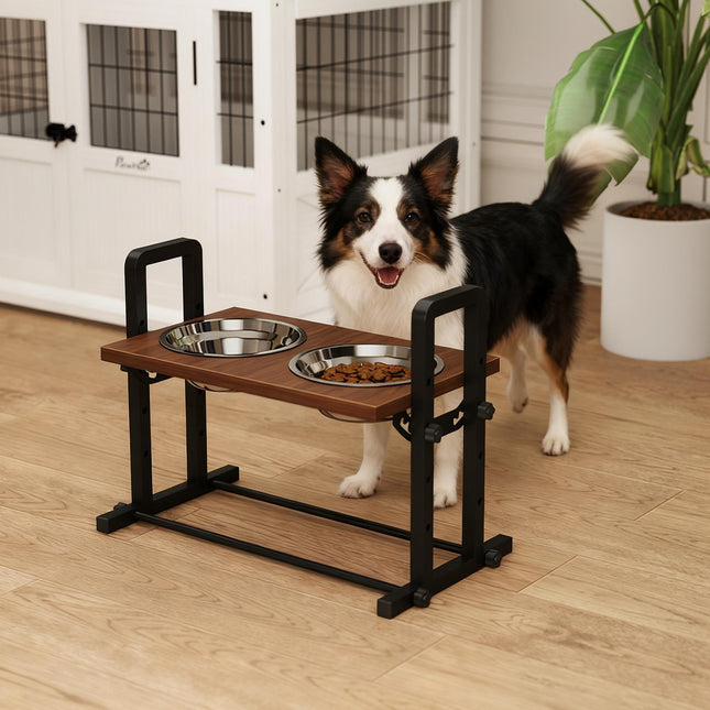 Raised Dog Bowls with Stand, 4 Heights Adjustable Pet Feeder with 3 Adjustable Angles for Small, Medium & Large Breeds, Brown