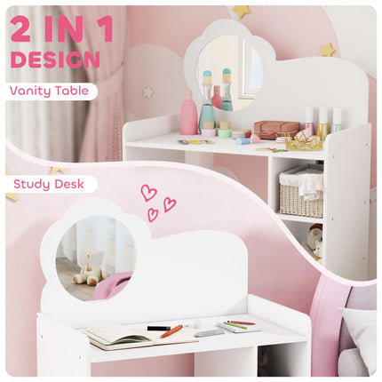 Kids Dressing Table with Mirror, Stool, Kids Vanity Table with Shelves, for Ages 3-8 Years, White