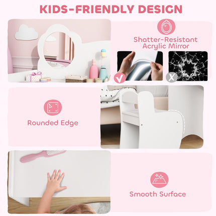 Kids Dressing Table with Mirror, Stool, Kids Vanity Table with Shelves, for Ages 3-8 Years, White