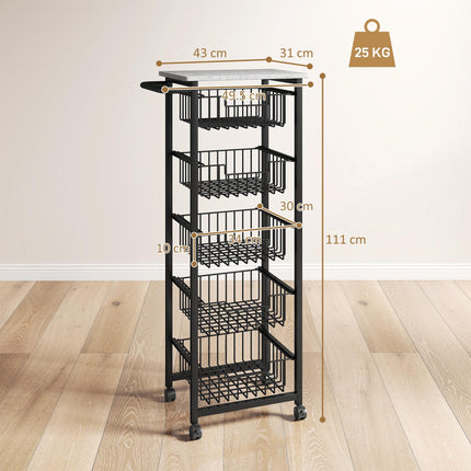 Five Basket Mobile Kitchen Island, with Brakes - Grey/Black