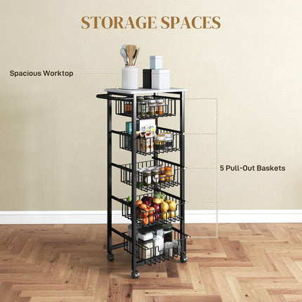 Five Basket Mobile Kitchen Island, with Brakes - Grey/Black