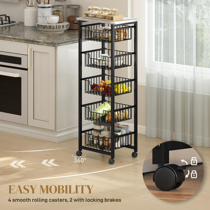 Five Basket Mobile Kitchen Island, with Brakes - Grey/Black