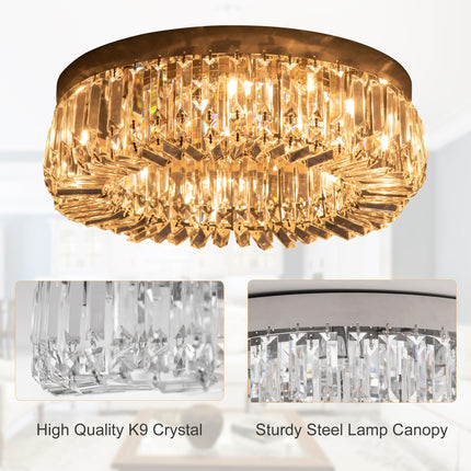 Crystal Ceiling Lights Set of 2, Modern Flush Chandeliers with Stainless Steel Base, Pendant Lights for Living Room Bedroom Dining Room, Silver Tone