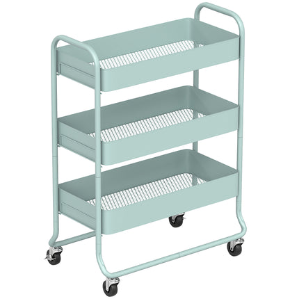 3-Tier Storage Trolley on Wheels, Rolling Utility Cart with Mesh Backets for Kitchen, Bathroom, Bedroom, Light Green