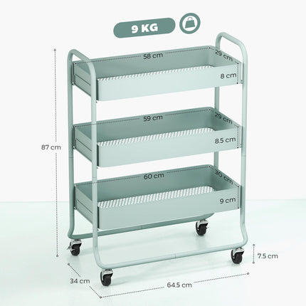 3-Tier Storage Trolley on Wheels, Rolling Utility Cart with Mesh Backets for Kitchen, Bathroom, Bedroom, Light Green