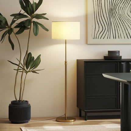 Floor Lamp with Remote, Height Adjustable Standing Lamp with Linen Shade, Dimmable with 3000K-6000K Adjustable Colour Temperatures, Foot Switch for Living Room Bedroom Office, Gold Tone