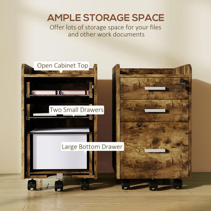 3 Drawer Filing Cabinet with Lock, Rolling File Cabinet with Edged Top for Letter, A4 Size, Hanging File Folders