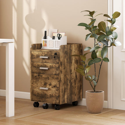 3 Drawer Filing Cabinet with Lock, Rolling File Cabinet with Edged Top for Letter, A4 Size, Hanging File Folders
