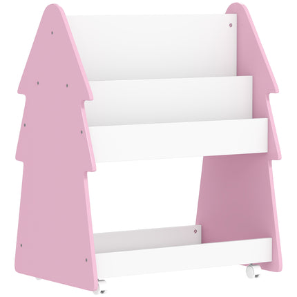 Kids Bookshelf with Toy Storage, Double-Sided Bookcase with Wheels, 3 Tier Kids Book Rack for Bedroom, Pink