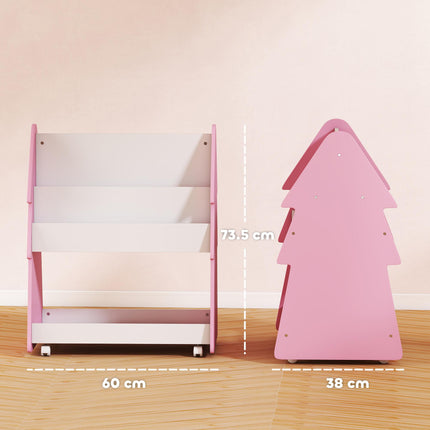 Kids Bookshelf with Toy Storage, Double-Sided Bookcase with Wheels, 3 Tier Kids Book Rack for Bedroom, Pink