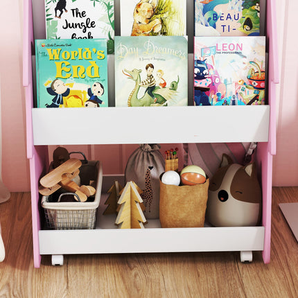Kids Bookshelf with Toy Storage, Double-Sided Bookcase with Wheels, 3 Tier Kids Book Rack for Bedroom, Pink