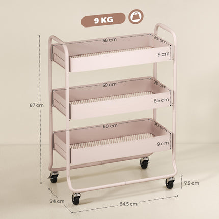 3-Tier Storage Trolley on Wheels, Rolling Utility Cart with Mesh Backets for Kitchen, Bathroom, Bedroom, Light Pink