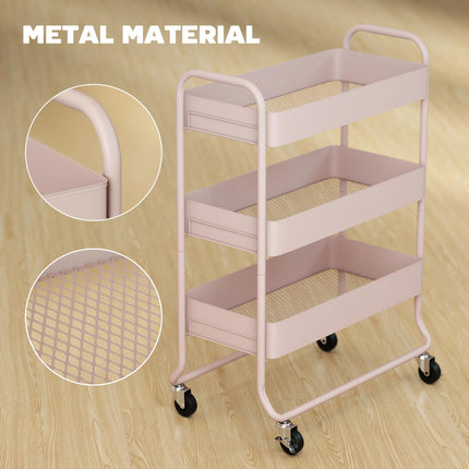 3-Tier Storage Trolley on Wheels, Rolling Utility Cart with Mesh Backets for Kitchen, Bathroom, Bedroom, Light Pink