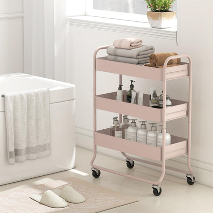 3-Tier Storage Trolley on Wheels, Rolling Utility Cart with Mesh Backets for Kitchen, Bathroom, Bedroom, Light Pink