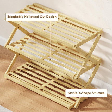 Three-Tier Folding Bamboo Shoe Rack - Natural Finish