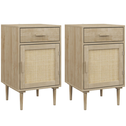 HOMCOM Bedside Tables Set of 2, Rattan Side Tables with Drawer, Cabinet and Adjustable Shelf, Boho Bedside Cabinets with Storage for Bedroom, Living Room, Natural Wood Finish
